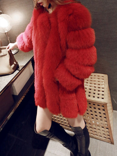 Fashion Women's Faux Fur Coat O-neck Long Sleeve Purple Pink Plush Loose Thick Warm Jackets Female Winter