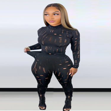 New Women's Elastic Ripped High-Neck Long Sleeved Top Pencil Pants Plus Size Suit