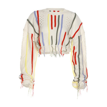 European and American Style Women's Spring New Ins Street Photo Fashion Knit Shirt Color Matching Tassels Versatile Casual Sweat