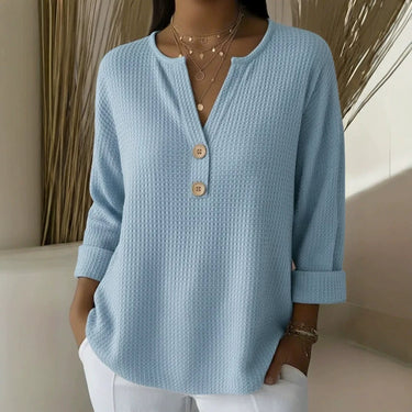 V-neck Waffle Knit Women's Sweater Solid Color Casual Long Sleeve Top Pullover