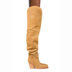 Designer Brand Wedge Heel Over The Knee Boots Suede Leather Pointed Toe Embroidery Long Boots Winter Women's Dress Shoes