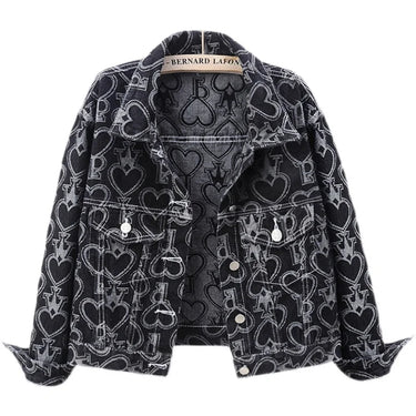 Jeans Jacket Women Heart Shaped Print Fashion Pocket Lapel Black Short Denim Jackets Female  Spring Autumn Loose Jeans Coat