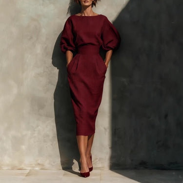 Ship collar A-line skirt shoulder bubble sleeve top high waist pleated half skirt
