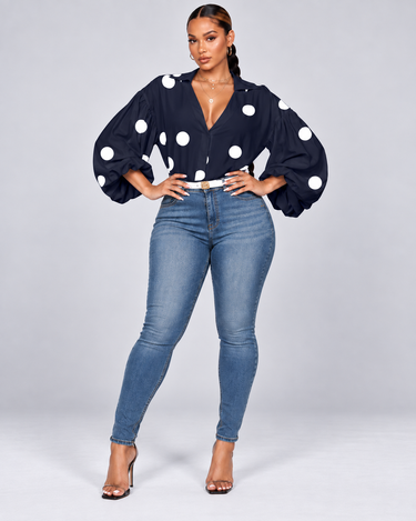 Polka Dot Half-Open Neck Loose Bubble Sleeve Long Sleeve Top (Copy)