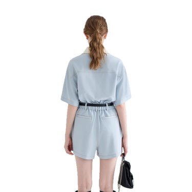 Style Blue Women's  Romper with Peter Pan Collar, High-End Look, Short Sleeve, Casual Fit, Mini Length, One-Piece Clothing