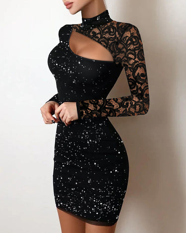 Fashion Lace Cut-Out Dress with Sparkle Knit Fabric, Fitted Bodycon Silhouette