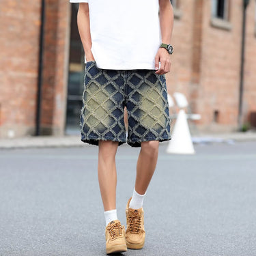 Wide leg washed jacquard loose denim shorts for men