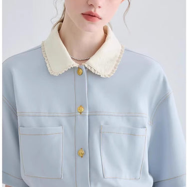 Style Blue Women's  Romper with Peter Pan Collar, High-End Look, Short Sleeve, Casual Fit, Mini Length, One-Piece Clothing