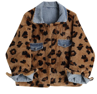 Women's Denim Coat Leopard Pattern Printed Plush Thicken Lamb Wool Female Loose Jackets Winter New Fashion