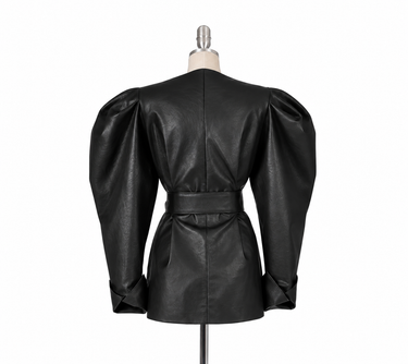 Lautaro Spring Green Pu Leather Jackets for Women with Puff Long Sleeve Belt Runway Stylish Luxury Designer Clothes