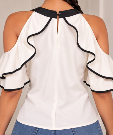 Elegant Off-Shoulder Color-Blocking Bow Front Blouse Off-Shoulder Women's Clothing Top
