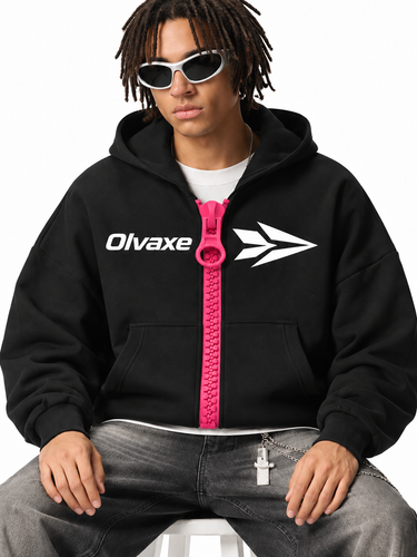 Olvaxe Chunky-Zip Hoodie — Black with Rose Red, AI-generated male model simulation with sunglasses, close view, Assis