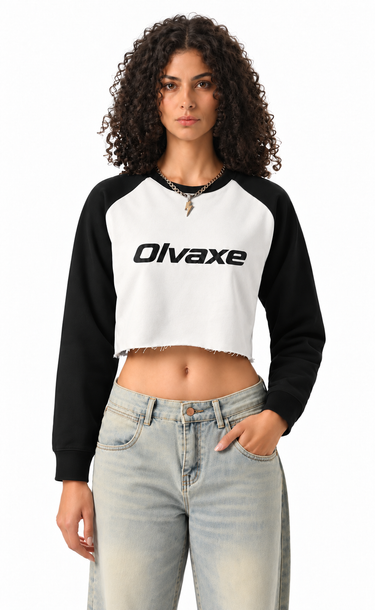 AI-generated adult model simulation — Olvaxe women's crop sweatshirt — Beige with Black — pose02