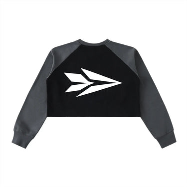 Olvaxe women's raw-hem raglan crop sweatshirt — Black with Dark Gray — native back product mockup