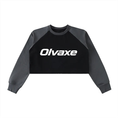 Olvaxe women's raw-hem raglan crop sweatshirt — Black with Dark Gray — native front product mockup