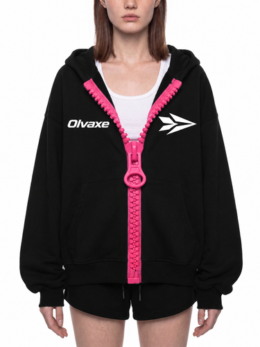Olvaxe Chunky-Zip Hoodie — Black with Rose Red, AI-generated model simulation, pose 3