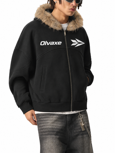 AI-generated styling simulation: sunglasses model wearing Olvaxe hoodie, front view