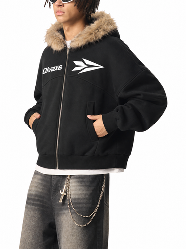 AI-generated styling simulation: sunglasses model wearing Olvaxe hoodie with hands in pockets