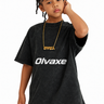Olvaxe Snow Washed Kids T-Shirt in Black, hand at ear, arm raised — AI worn-product simulation, full head