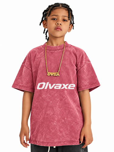 Olvaxe Snow Washed Kids T-Shirt in Cherry Color, straight-on, arms at sides — AI worn-product simulation, full head