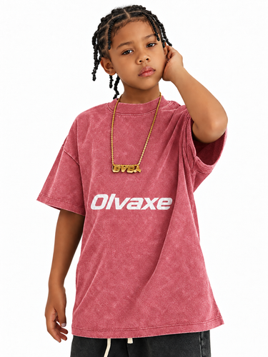 Olvaxe Snow Washed Kids T-Shirt in Cherry Color, hand at ear, arm raised — AI worn-product simulation, full head