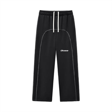 Native product mockup: Olvaxe black RK0033 contrast-stitched fleece sweatpants, front with white lower-thigh wordmark.