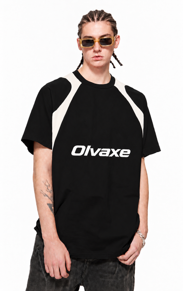 Olvaxe RT0008 Black front on the official product model; AI-styled simulation with generated missing head detail, simulated garment recolor and simulated print