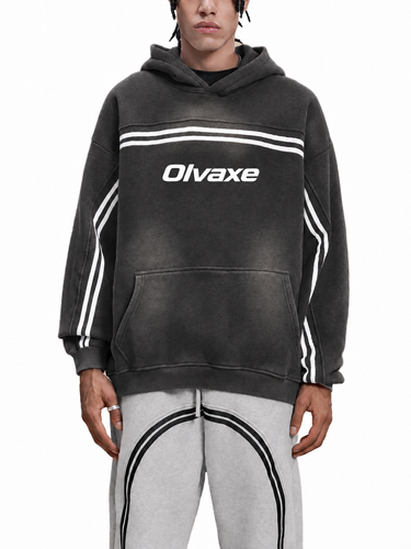 Olvaxe Sun Fade Contrast Tape Fleece Hoodie in Black worn by a male model, front view, pants without added logos — AI-generated styling simulation. Hoodie only; pants not included.