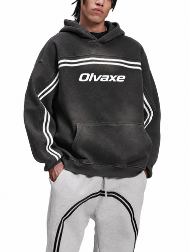 Olvaxe Sun Fade Contrast Tape Fleece Hoodie in Black worn by a male model, relaxed front view, pants without added logos — AI-generated styling simulation. Hoodie only; pants not included.