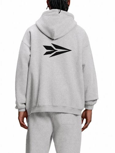Olvaxe Sun Fade Contrast Tape Fleece Hoodie in Flower Gray worn by a male model, back view, pants without added logos — AI-generated styling simulation. Hoodie only; pants not included.