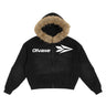 Olvaxe black sun-fade boxy fur-trim hoodie, approved front production mockup with 20 cm white wordmark and white arrow